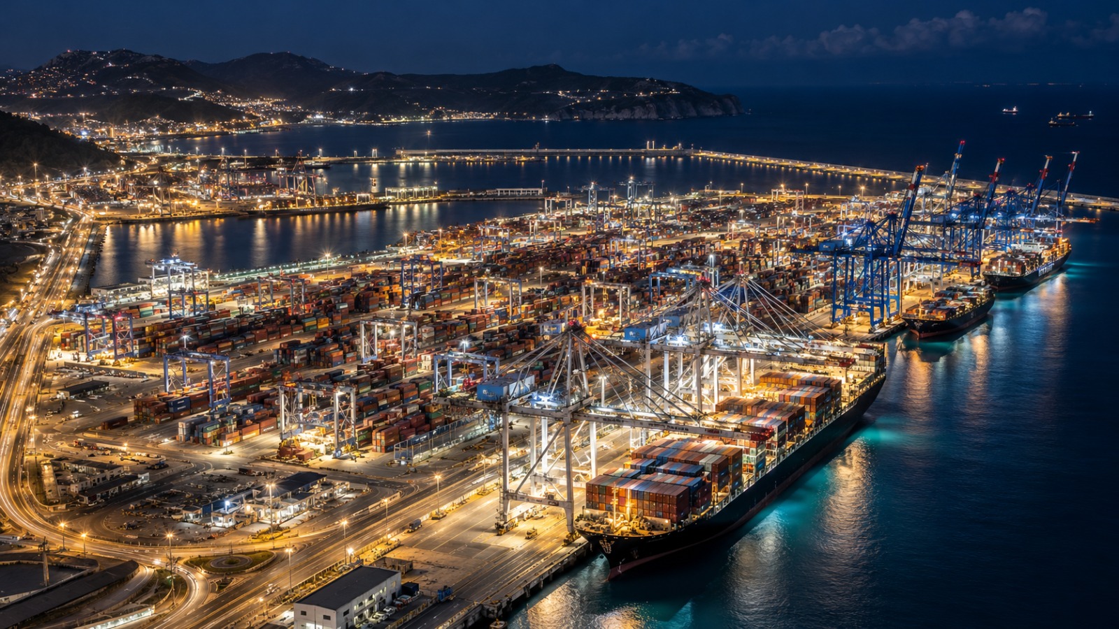 Terminal maritime de nuit, navires porte-conteneurs et grues éclairées.